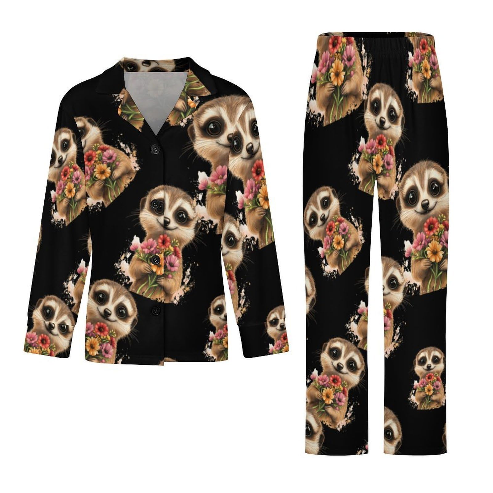 Conjunto de pijama para mujer con diseño de suricatas, cuello en V, manga larga y pantalones, ropa de dormir suave y cómoda