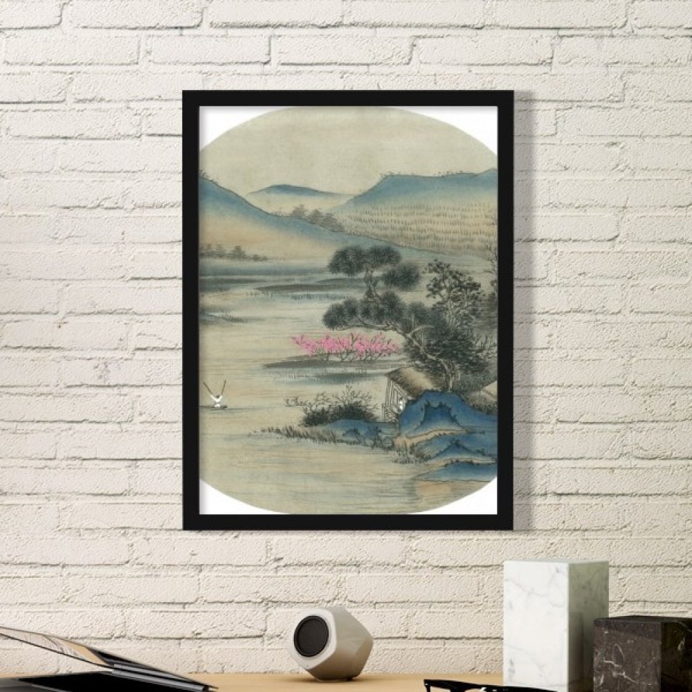 Cadre photo en bois de haute qualité avec illustration de paysage asiatique traditionnel noir