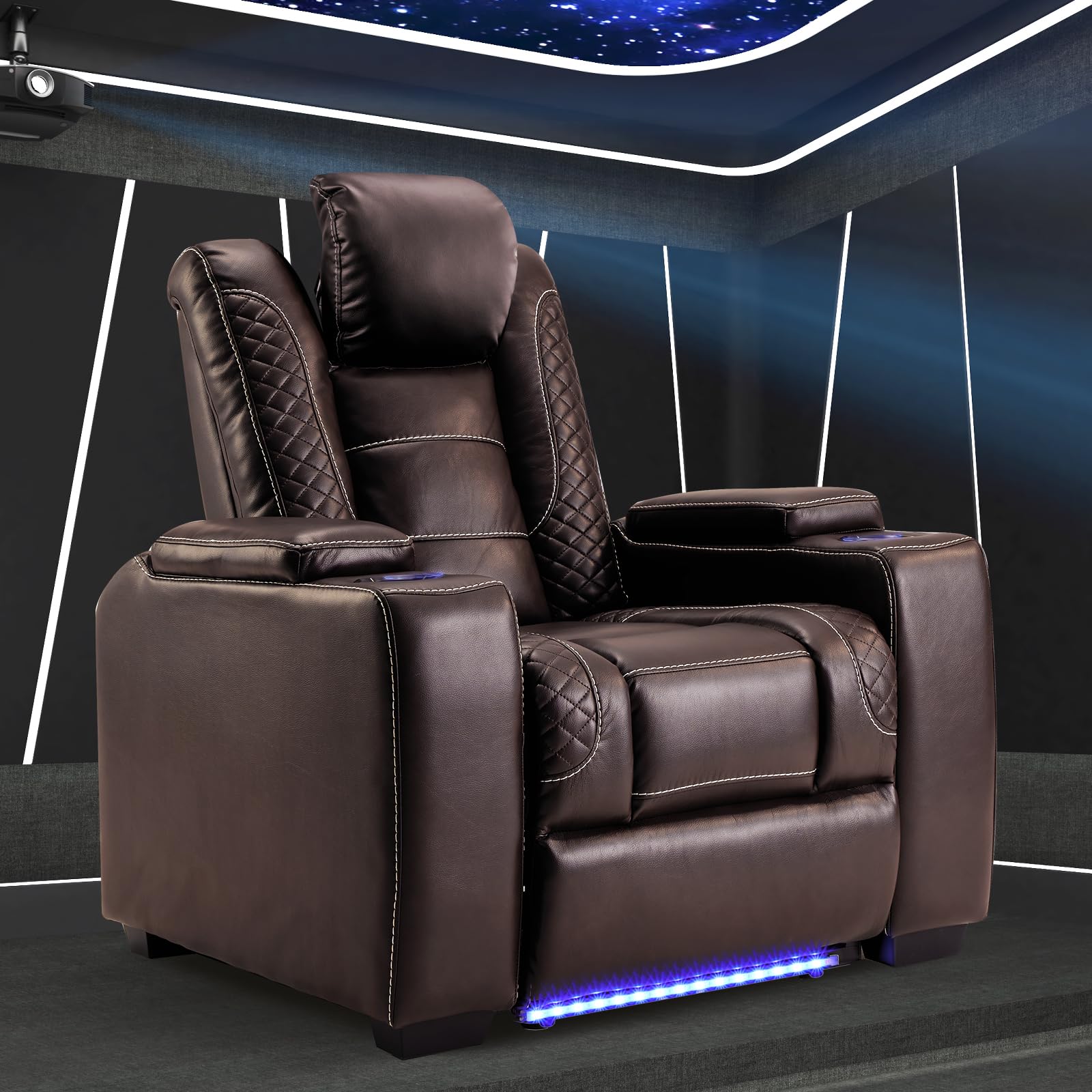 ANJ Power Home Theater Seating Recliner Chairs, PU Leather Recliner with Cup Holder, Electric Movie Theater Reclining Chairs with Adjustable Powered Headrest, LED Lights, Hidden Arm Storage (Brown)