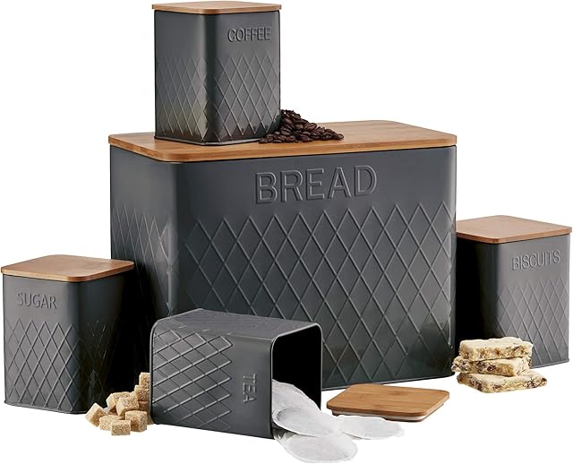 Cooks Professional 5 Piece Kitchen Set with Bamboo Lids Storage Containers for Tea, Coffee, Sugar, Biscuits & Bread with Diamond Pattern (Dark Grey)