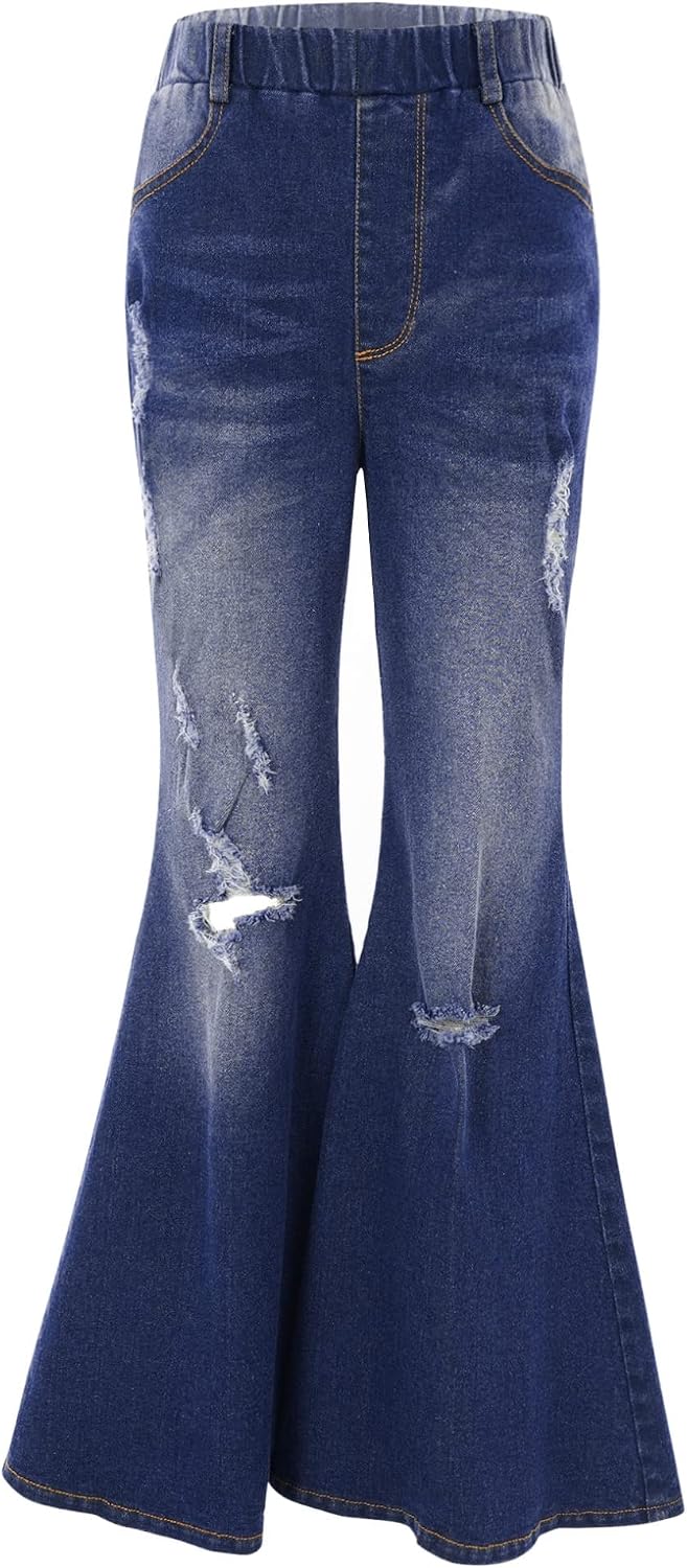 Oyolan Kids Girls Youth Casual Ripped Jeans Bell Bottom High Waist Flare Pants Wide Leg Fashion Denim Pants