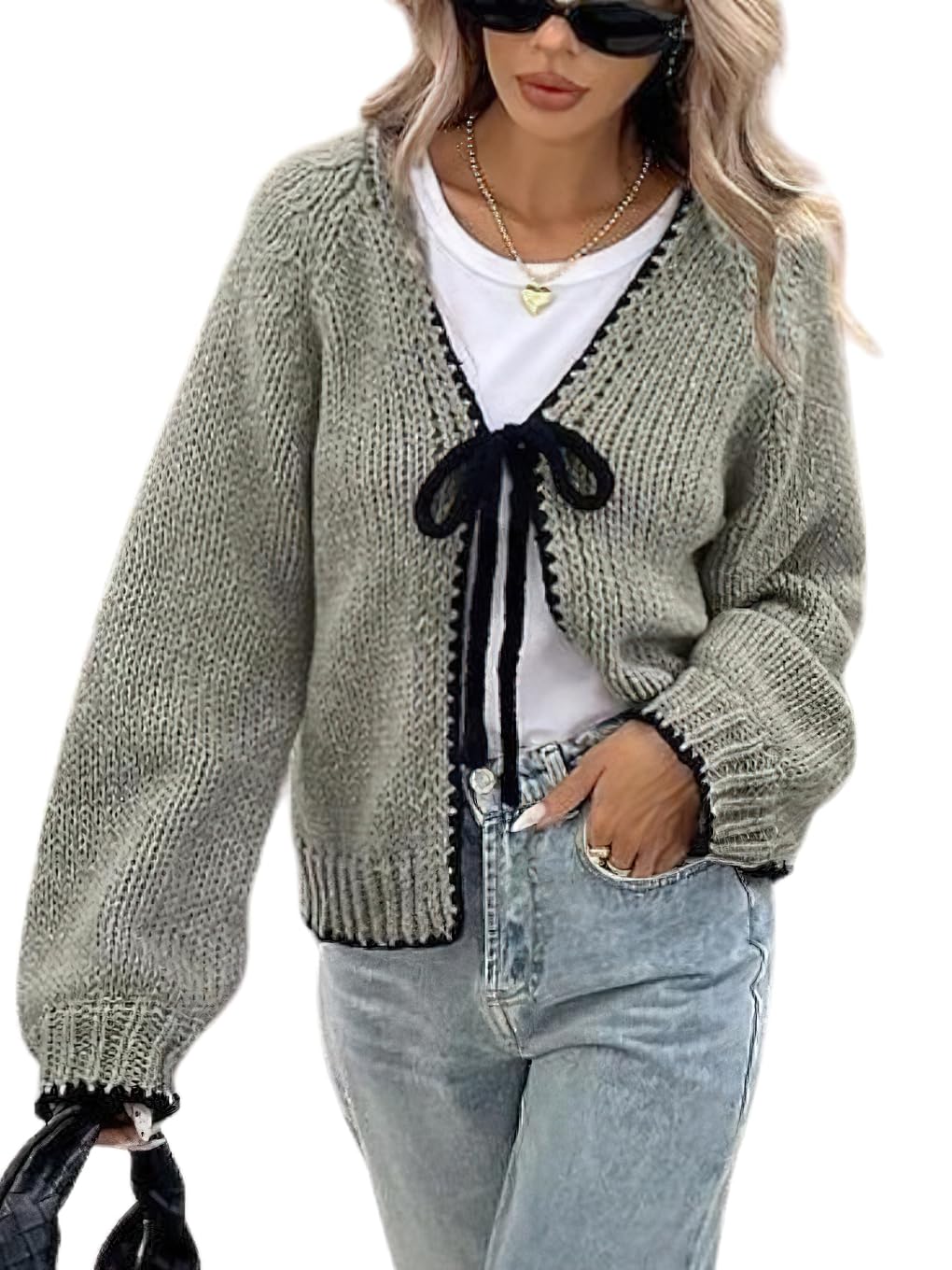 chouyatou Womens Bow Tie Front Cardigan Sweaters Fall Winter Long Sleeve Open Front Chunky Sweater Coats