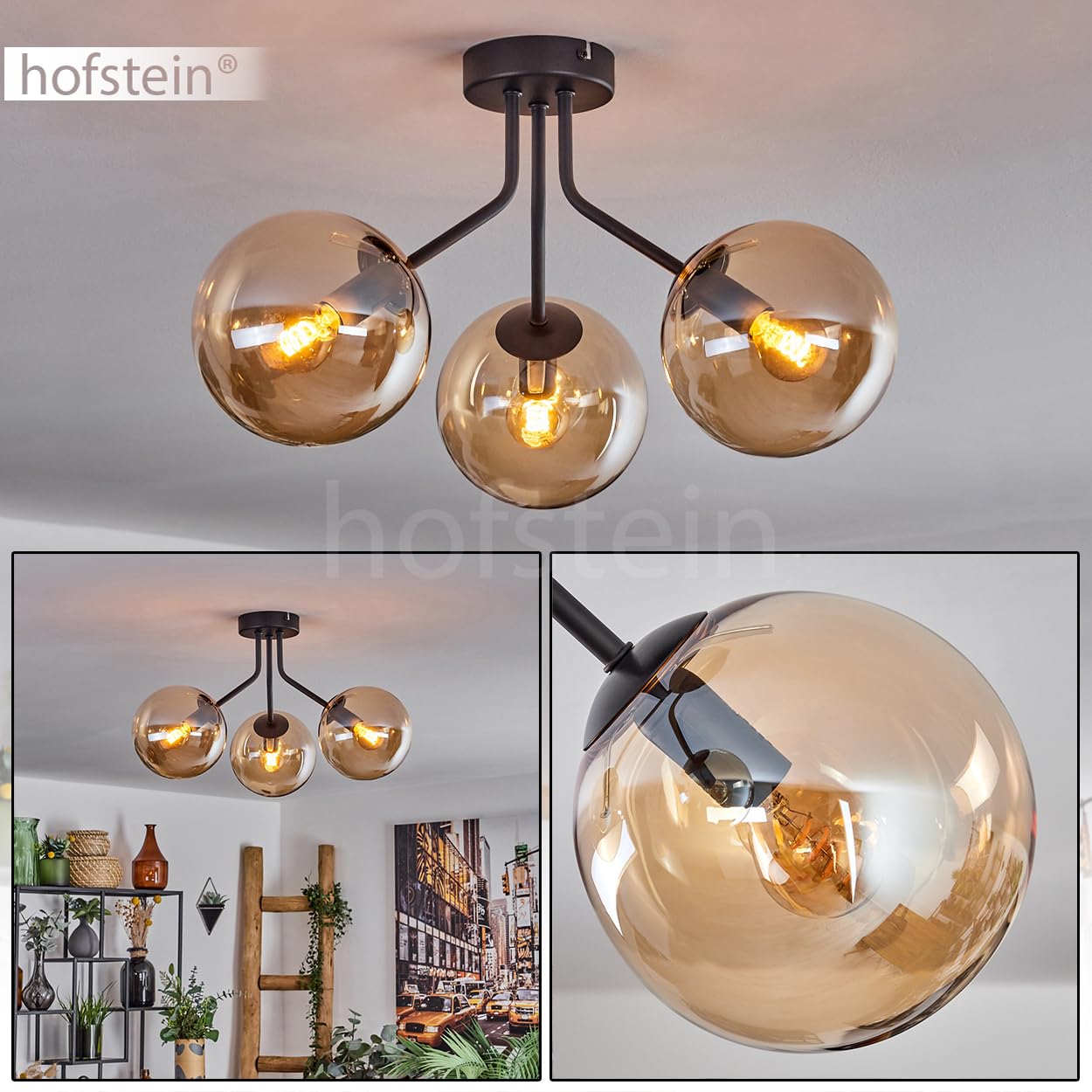 Plafoniera Koyoto, lampada da soffitto in metallo/vetro in nero/ambra, illuminazione moderna in stile retrò/vintage con paralumi in vetro, Ø 15 cm, 3 x E14, per camera da letto, soggiorno, cucina