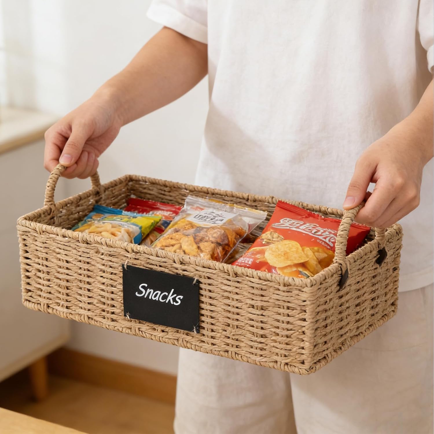 Snack Organizer for Countertop, Snack organizer snack basket tray with Handles, Paper Rope Wicker Basket snack Bar Station Decor, Food Storage Container for Pantry Organizer and Storage