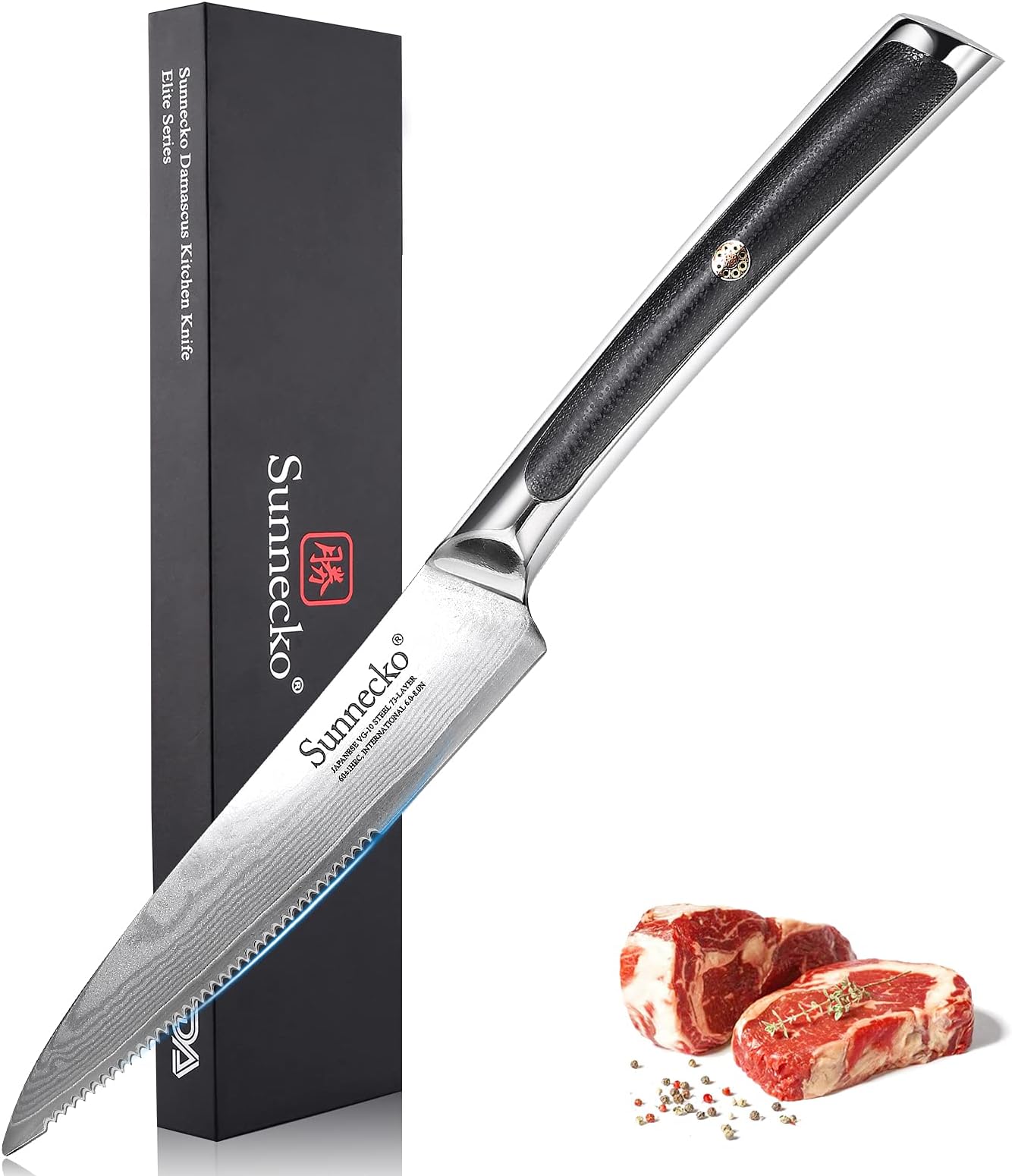 Sunnecko Steak Knife, Serrated Knife 5 inch Forged Japanese Damascus Knife 73 Layers VG-10 Damascus Steel with Ergonomic G10 Handle Kitchen Knife for Dinner