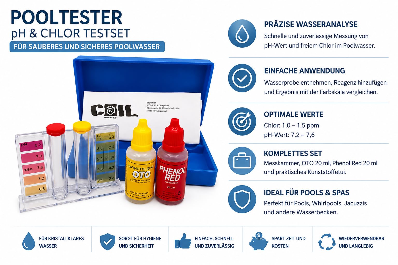 COIL Tester wody do basenu i spa, test kropli pod kątem pH i chloru, OTO i Phenol Red, zestaw z etui 15 x 7,3 cm