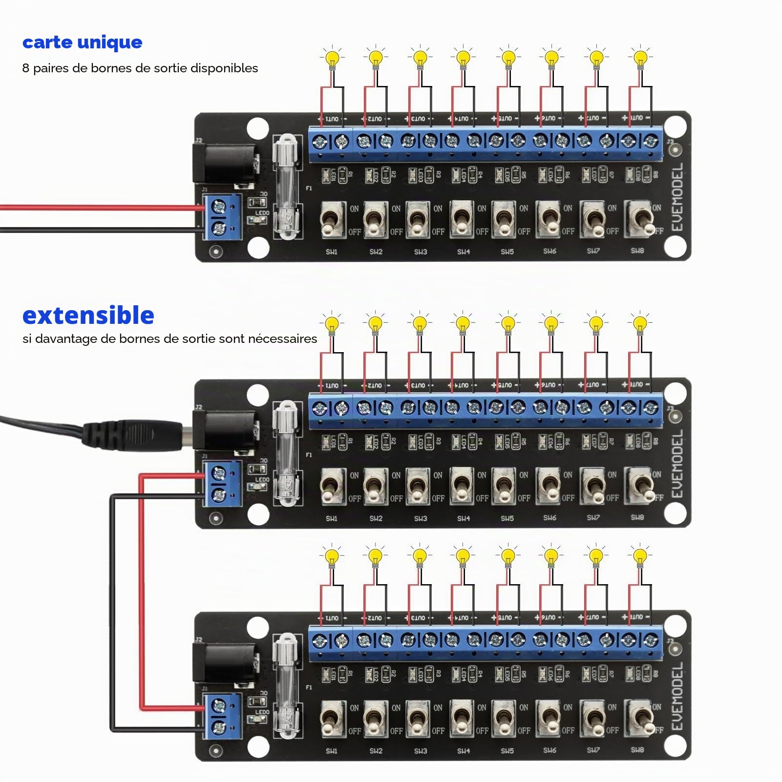 Evemodel 1 lot de 8 interrupteurs à bascule miniatures 3-24 V CC - Commutateur CC - Distributeur de courant - Multiprise - Panneau de distribution
