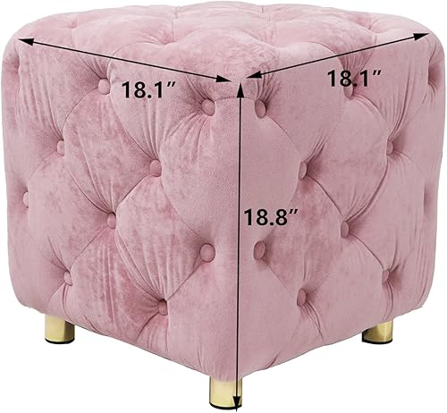 Miniatura 2 de Reposapiés otomano tapizado de terciopelo, moderno taburete cuadrado con decoración de botones, cómodo reposapiés copetudo para sala de estar,