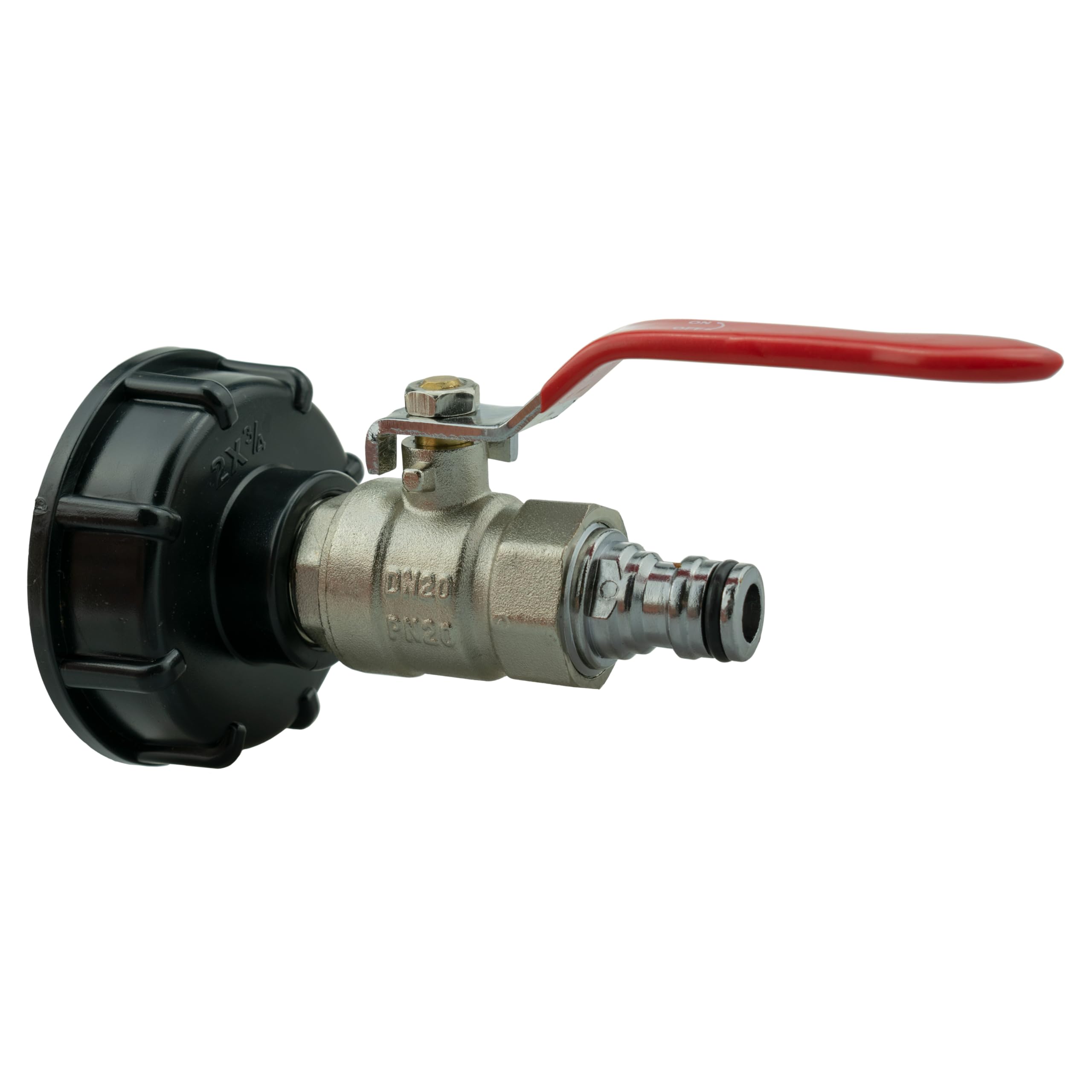 Outlet tap for ibc tank that has a s60x6 coarse threaded outlet,with full flow lever valve+universal hose connection