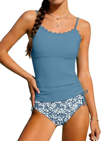 DONWEN Girls Tankini Swimsuit Two Piece Scoop Neck Scallop Trim Side Drawstring Girl Bathing Suit for 9-16Y
