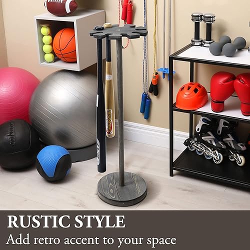 Miniatura 4 de MyGift Estante de exhibición para bates de béisbol gris envejecido, redondo, de madera maciza, soporte de almacenamiento de equipo deportivo,