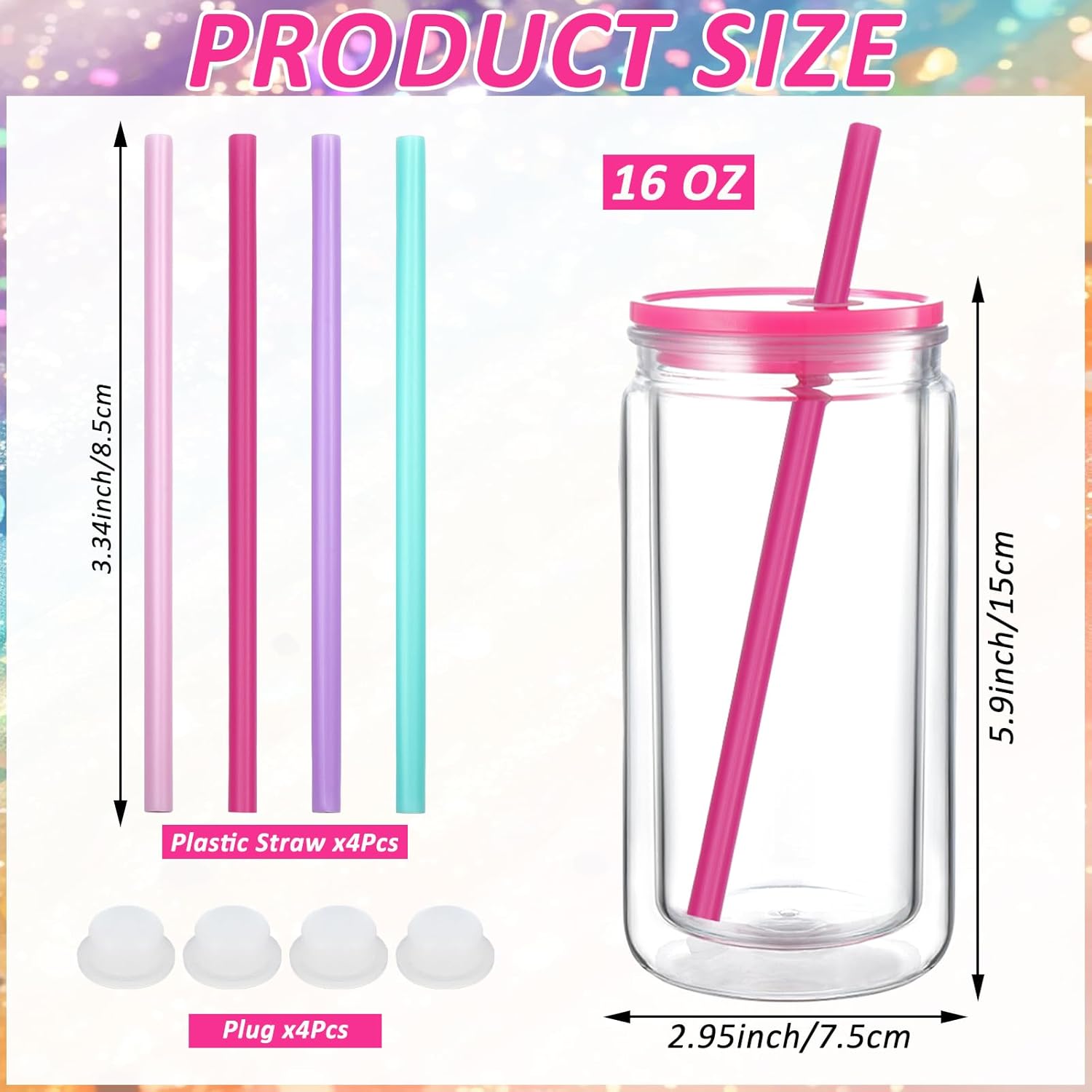 10 Pcs Snow Globe Tumbler Supplies 16oz Pre Drilled Double Wall Clear Cups Kit with Lid and Straw Squeeze Bottle Funnel Tweezer Bent Syringe for DIY Glitter Snow Globe Craft Gift (Colorful) - Image 2