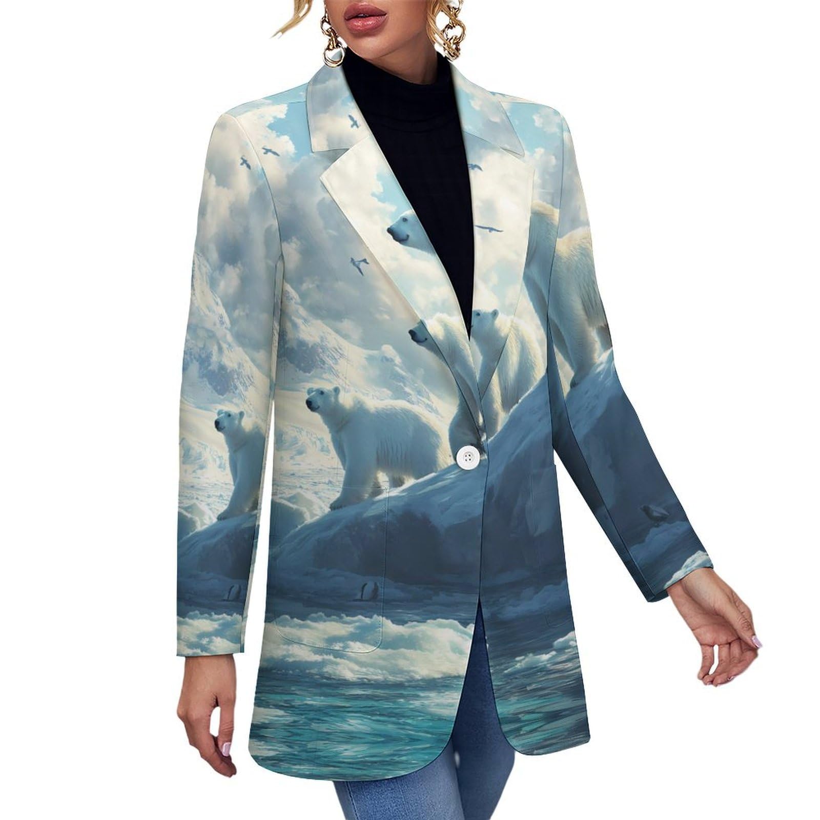 Polar Bears Ice Floes Arctic Ocean Casual Blazers for Women Long Sleeve Button Suit Jacket Lightweight Business Coat