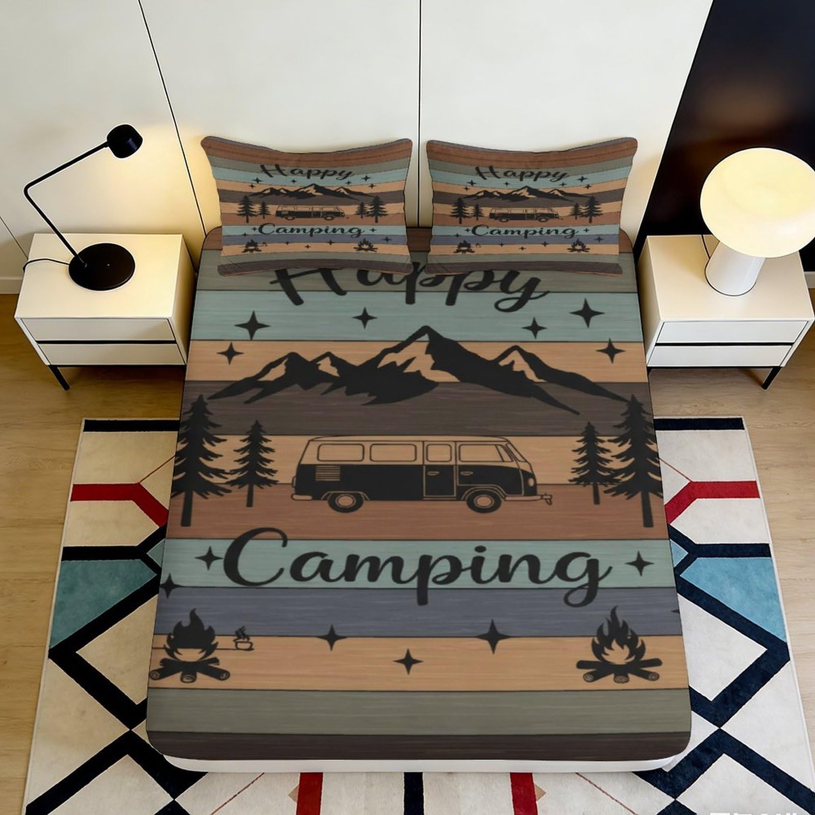 3D Printed Mountain Forest Fitted Sheet Microfiber Camper Van Bed Cover for Bedroom Dorm Non-slip Easy Care 90x200x25cm