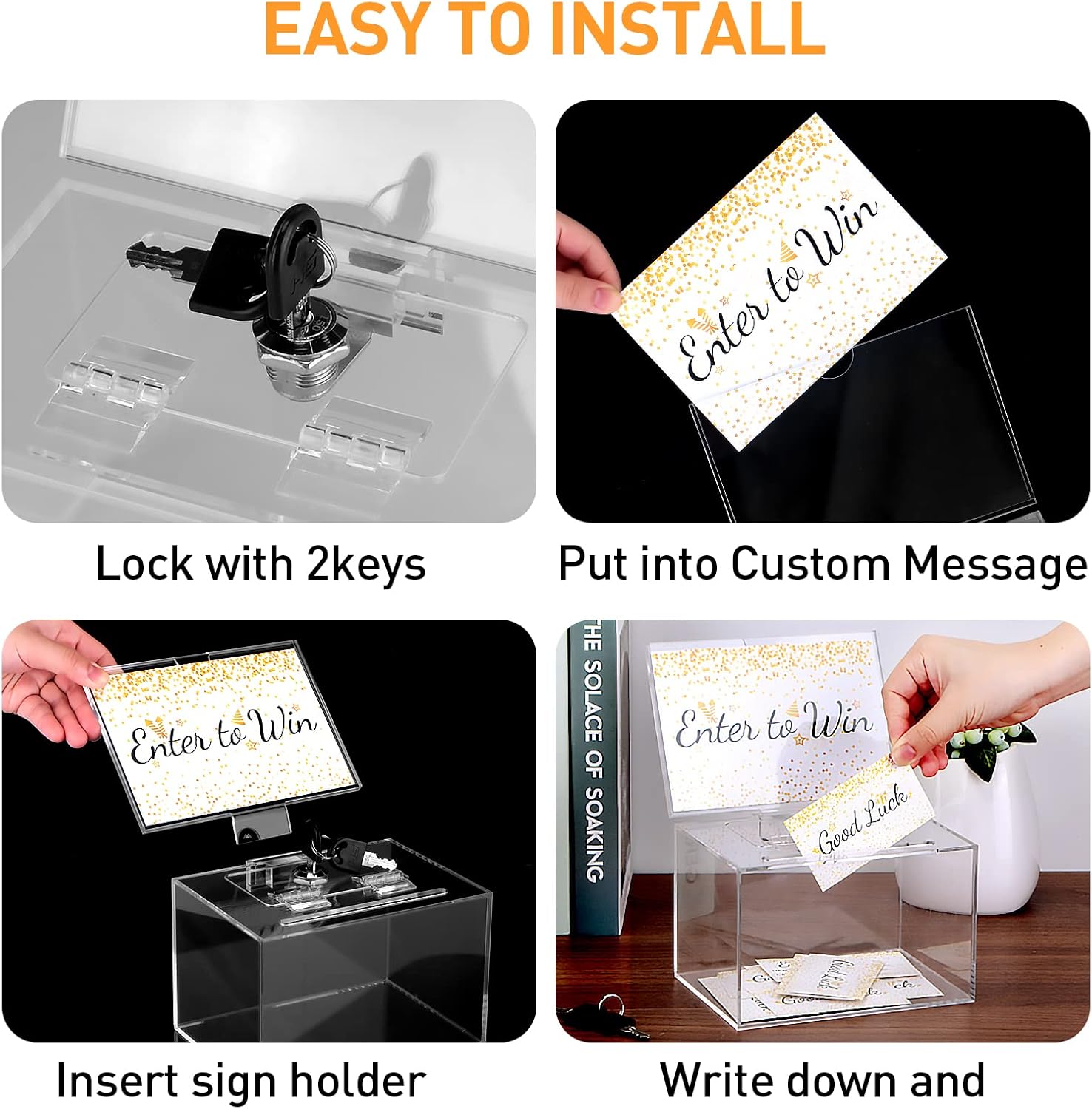 Acrylic Donation Box with Lock, Safe Suggestion Box with Sign Holder, 6x4.3x4inch