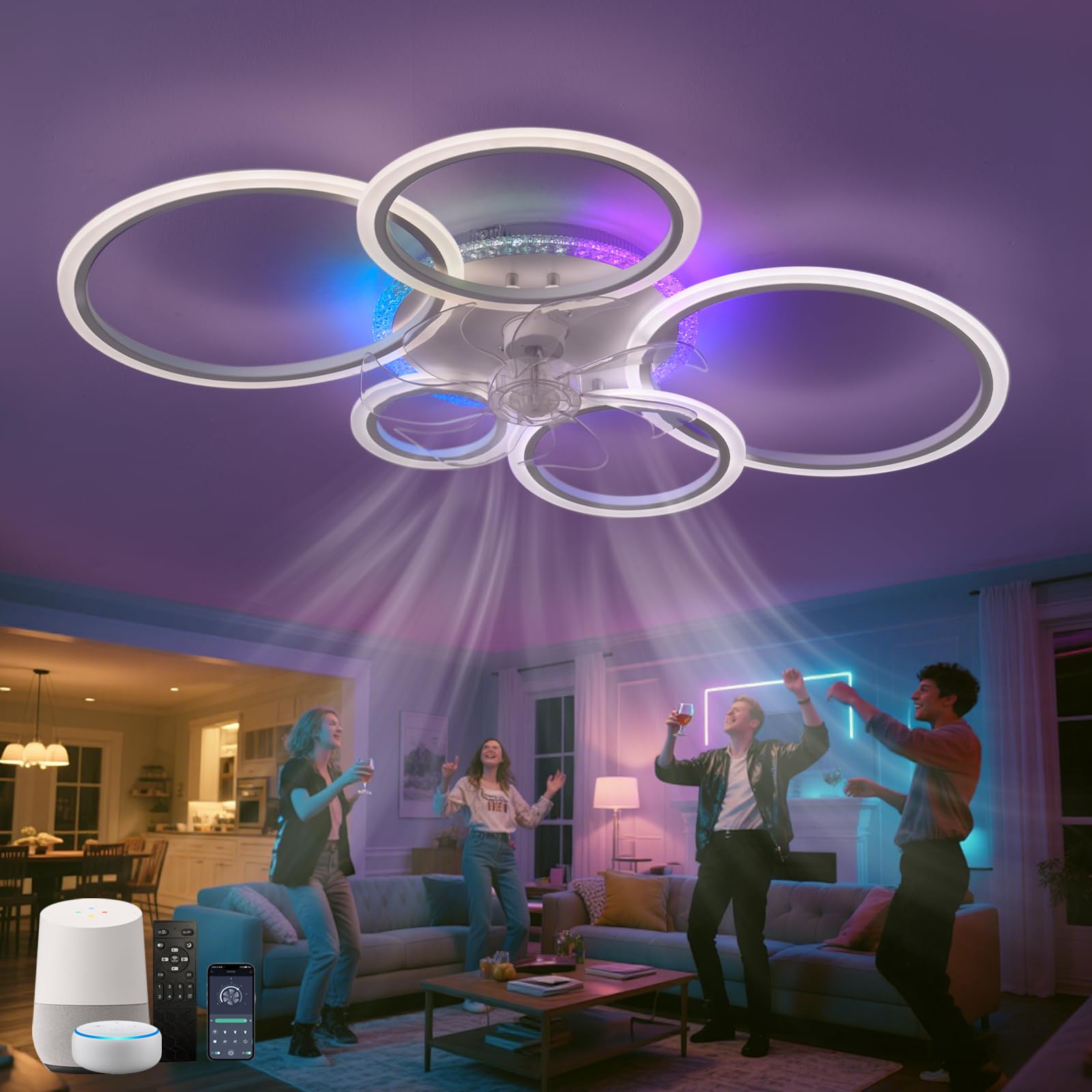 Reversibel Deckenventilator mit Beleuchtung 6-Gang Timer Alexa Kompatibel, Deckenlampe mit Ventilator LED Dimmbar,RGB Leise Lampe mit Ventilator Fernbedienung Wohnzimmer 95cm,Weiß | Reversible Timing 6 Geschwindigkeiten,Dimmbar Leise Wohnzimmer Kronleucht