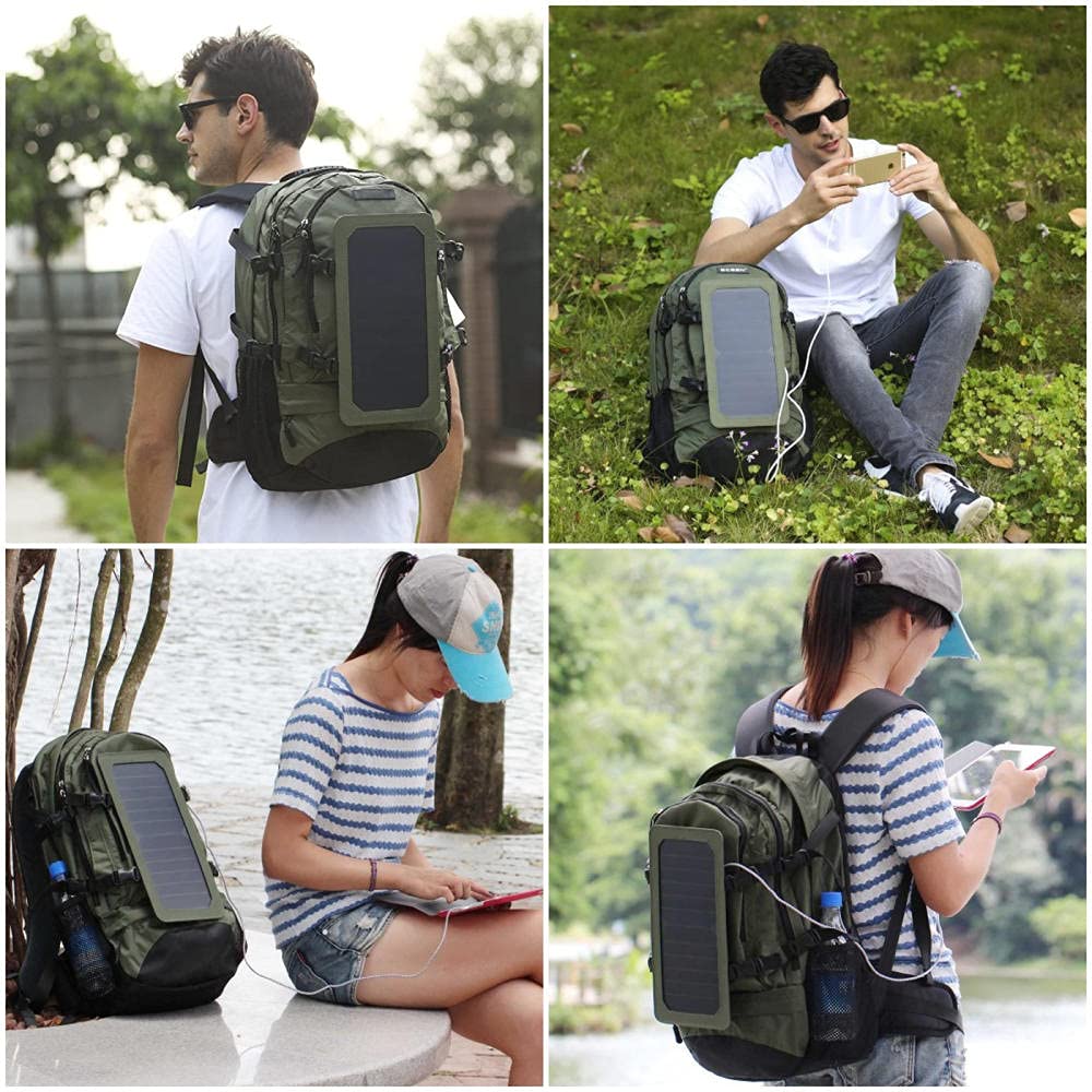 Zaino Solare con Pannello Solare Integrato da 6W, Caricare Smartphone con Energia Solare, Porta USB, Scomparto per Laptop da 17“, Volume di 45L