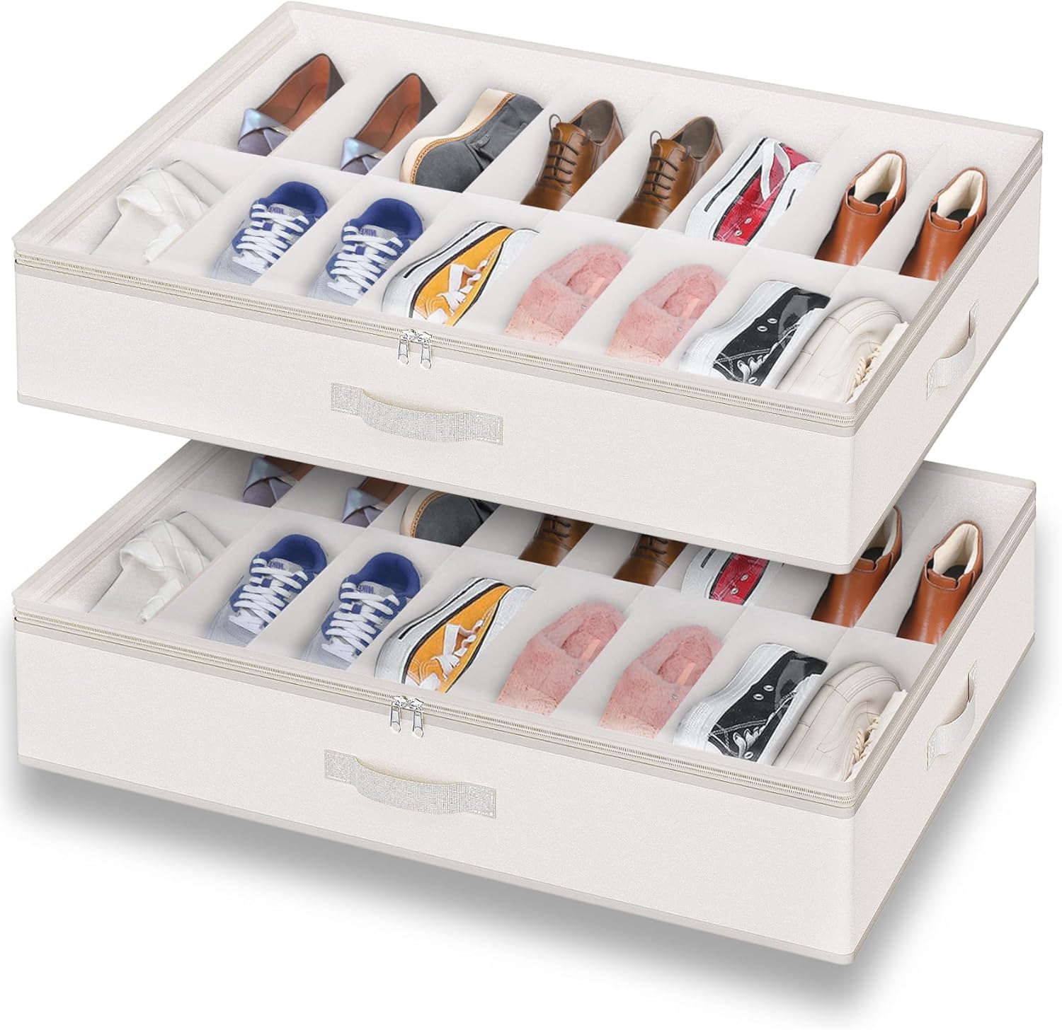 Under Bed Shoe Storage Organizer for Closet, Fits 32 Pairs Underbed Shoes Box Storage Containers Under the Bed Storage Foldable with Sturdy Handles&Clear Window for College Dorms Grey, Set of 2