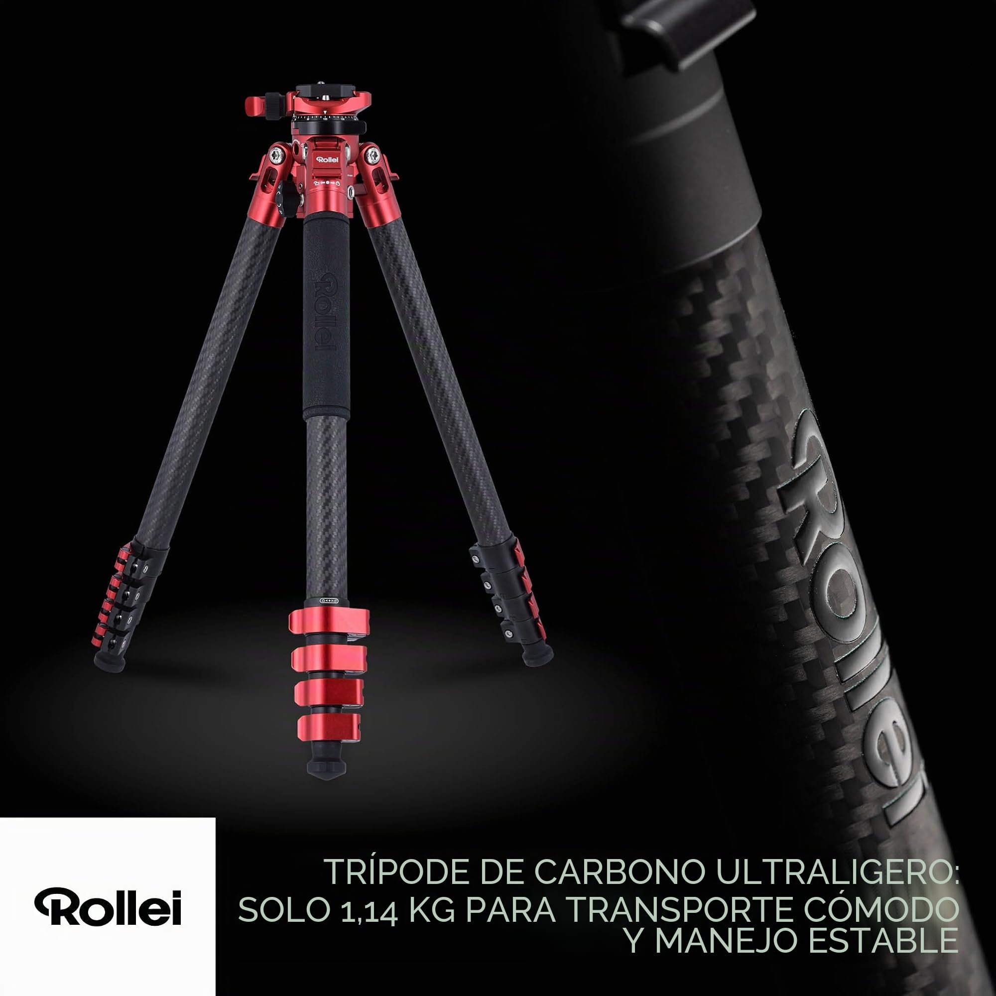 Rollei Easy Traveler - Trípode de Carbono (Capacidad de Carga de 5 kg, Altura de 160 cm, Ultraligero, Compacto, función de Bloqueo)