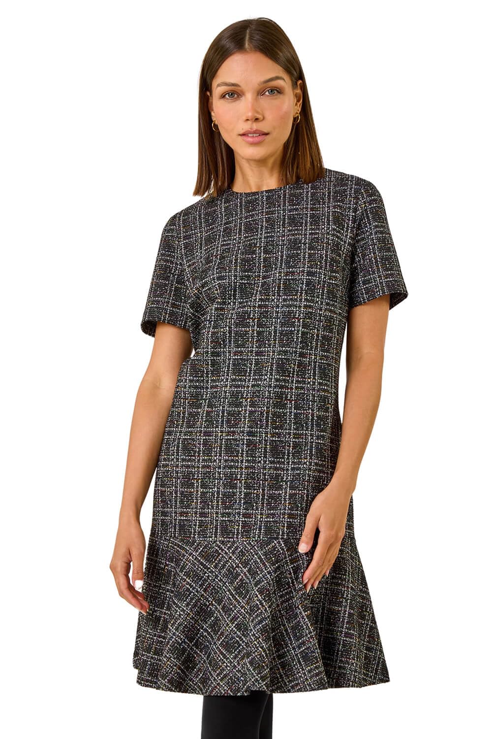 Roman Women's Black Textured Frill Hem Stretch Dress