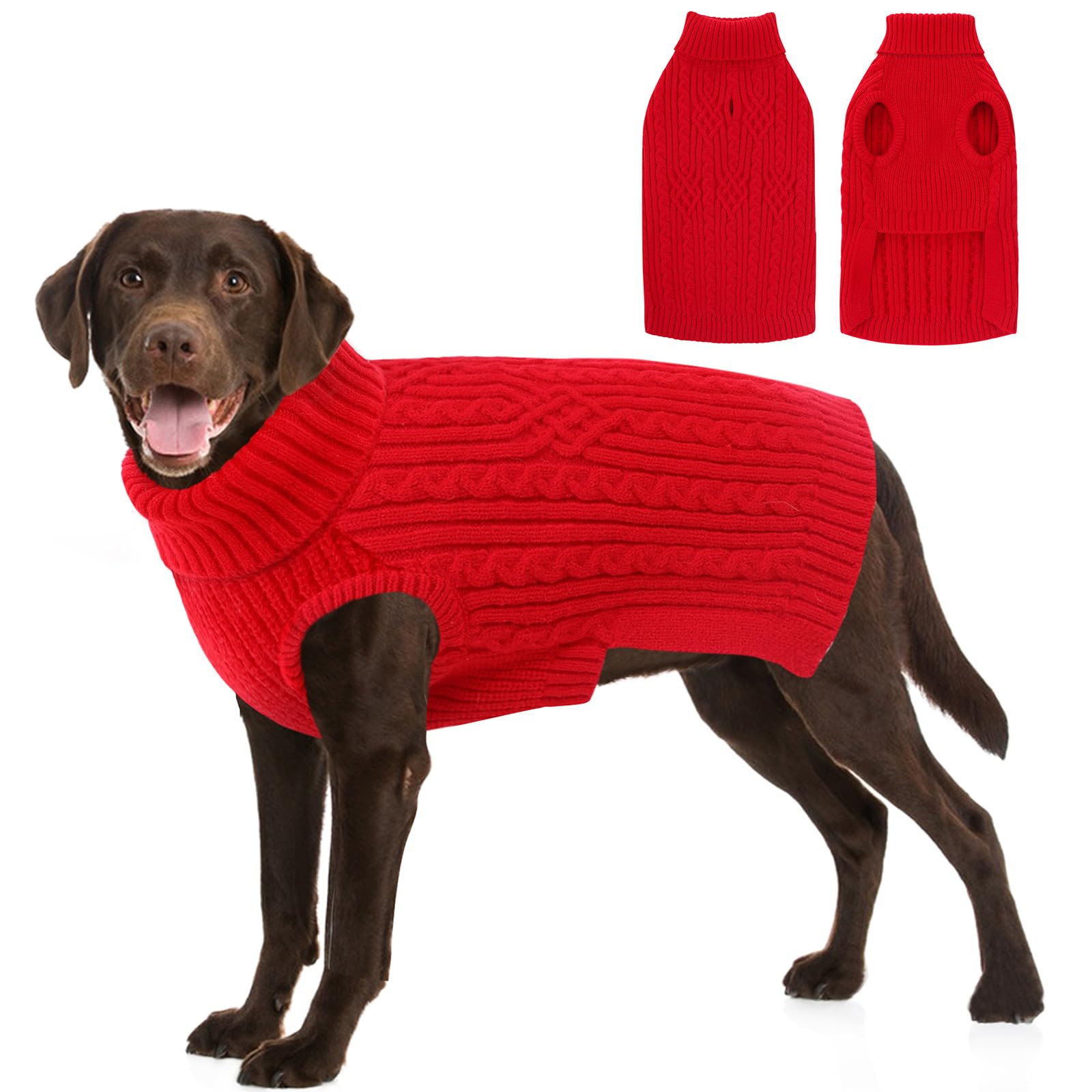 AOFITEE Large Dog Jumper, Warm XXL Dog Jumpers with Harness Hole, Turtleneck Christmas Jumper for Dogs Fall Winter Pet Sweater Knitwear, Pet Knitted Sweater for Golden Retriever, Red 2XL