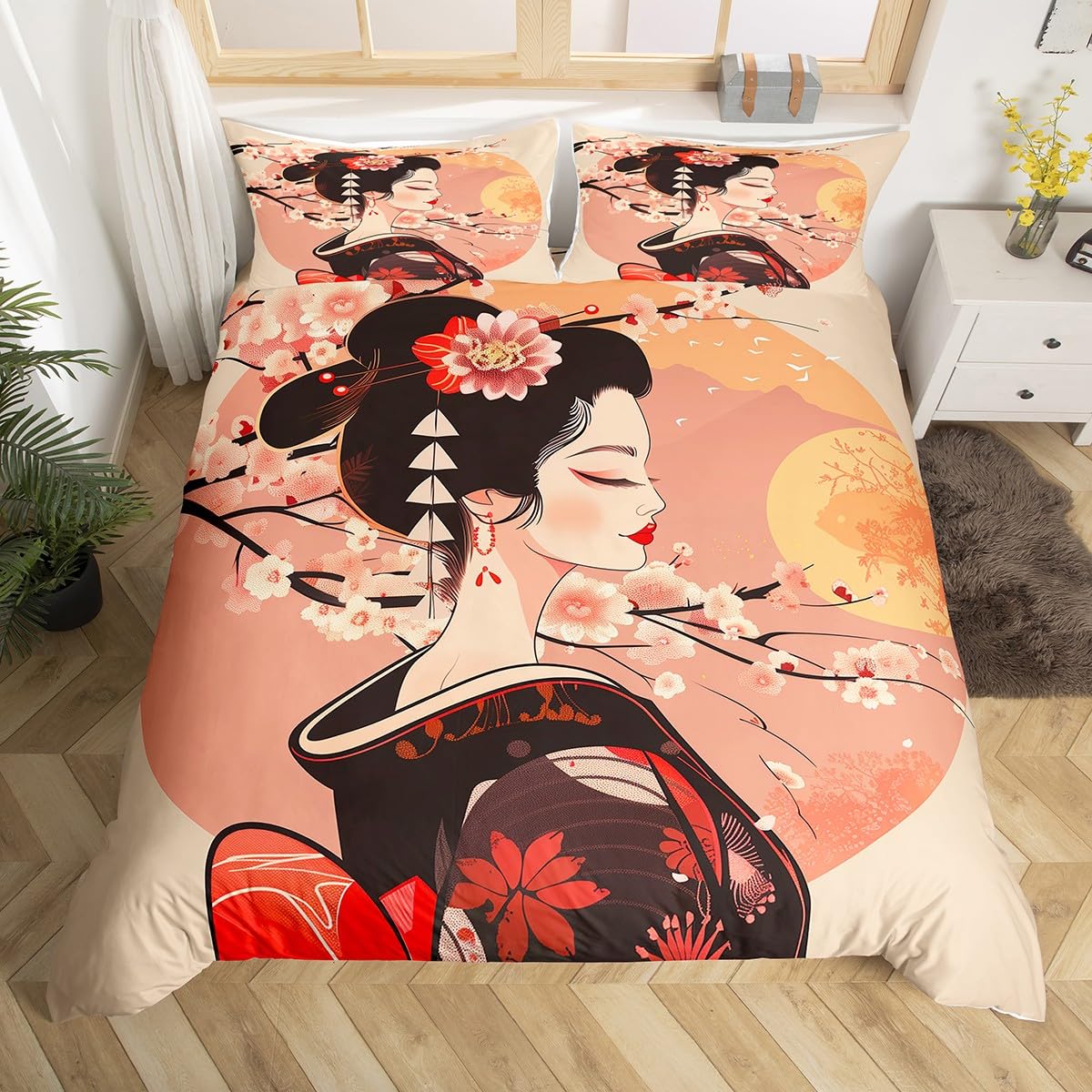 Homemissing Kids Japanese Geishas Bedding Set Double Size Boys Girls Cherry Blossoms Comforter Cover Set Japanese Style Duvet Cover Japanese Tradition Aesthetic Bedspread Cover (No Comforter)
