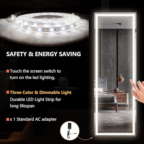 Miniatura 7 de LVSOMT Armario de joyería con espejo LED armario organizador de joyas montado en la paredpuerta espejo iluminado de longitud completa con