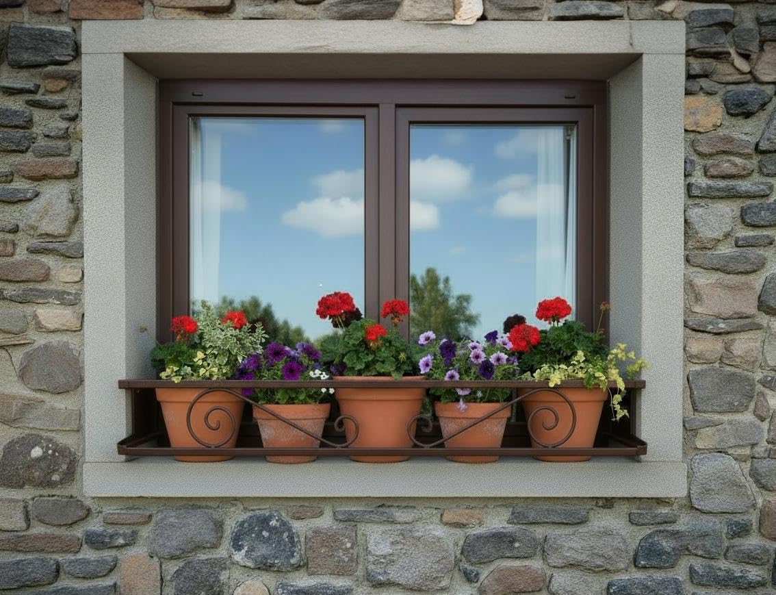 Balconcillo para Macetas Extensible 100-140 cm, Balconcillo para Plantas, Portamacetas Ventana, Protector de macetas, Modelo Volutas, Marrón Forja
