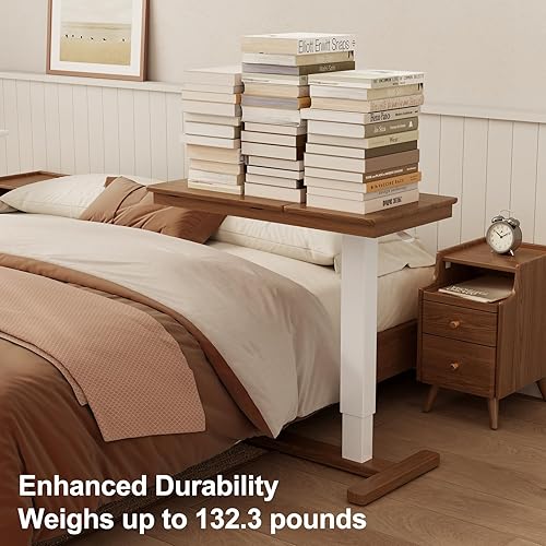 Miniatura 9 de Mesita de noche de madera maciza con ruedas, mesa de cama de hospital ajustable sobre la cama, escritorio rodante para computadora portátil,