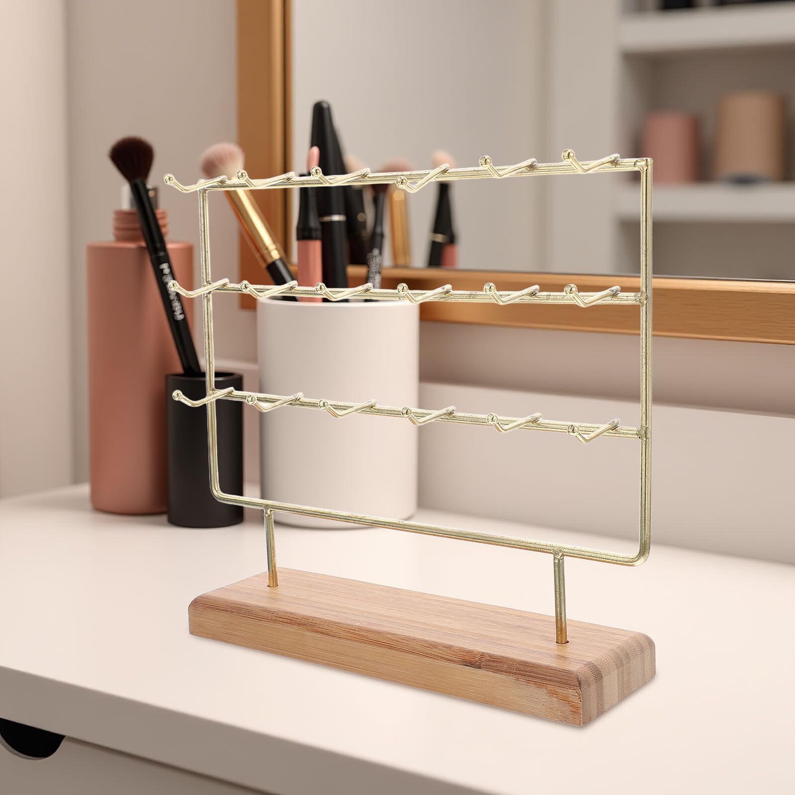 Expositor Pendientes de Hierro con Base de Madera Soporte Joyería con Ganchos Organizador Resistente para Pulseras Collares y Aretes para Vendedores y Uso Eventos