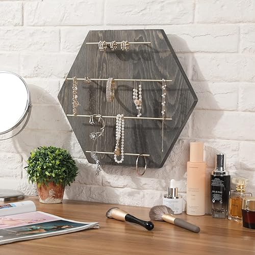 Miniatura 3 de MyGift Perchero hexagonal de metal de madera gris y latón estilo vintage para colgar joyas  Collar montado en la pared de 4 niveles, organizador de