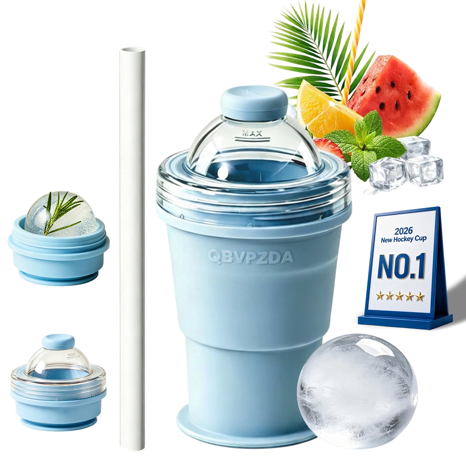 Photo 1 of 2-in-1 Collapsible Silicone Ice Ball Maker Cup Reusable Portable Foldable ice Hockey with Straw & Lid Easy Demolding Leakproof for Juice Home Whiskey Iced Coffee Gym Travel Outdoor (Blue(1pc))