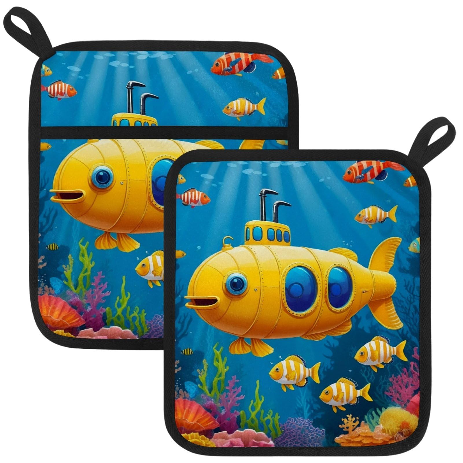 VAPOKF Cartoon Ocean Submarine Pot Holders with Pocket for Kitchen Heat Resistant Potholders Large Polyester-Cotton Square Oven Mitts Set