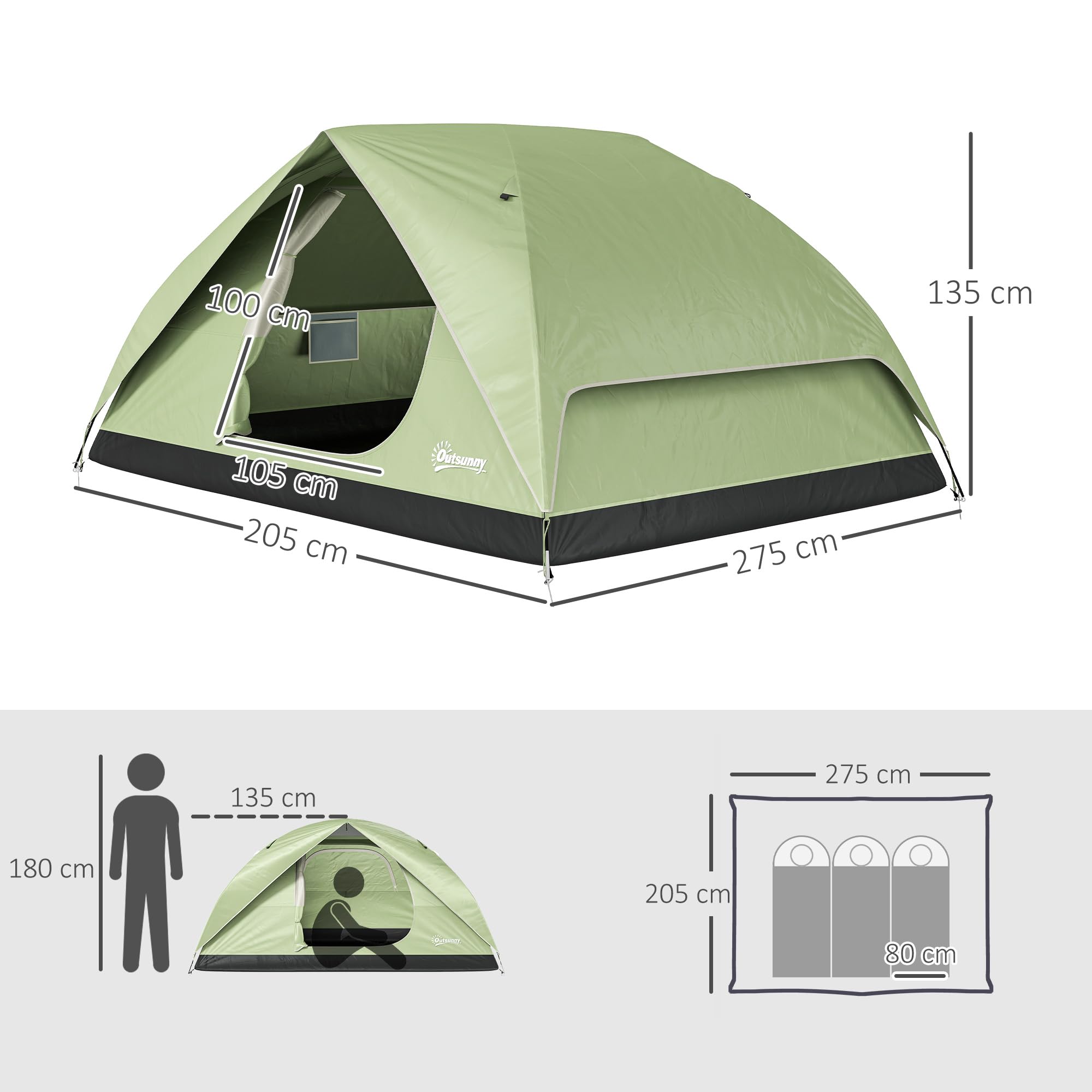 Outsunny Tenda da Campeggio Famigliare per 3 Persone Impermeabile 3000mm Tenda da Trekking a Cupola con Porta di Ricarica, Tasche, Gancio per Lanterna e Borsa da Trasporto Verde