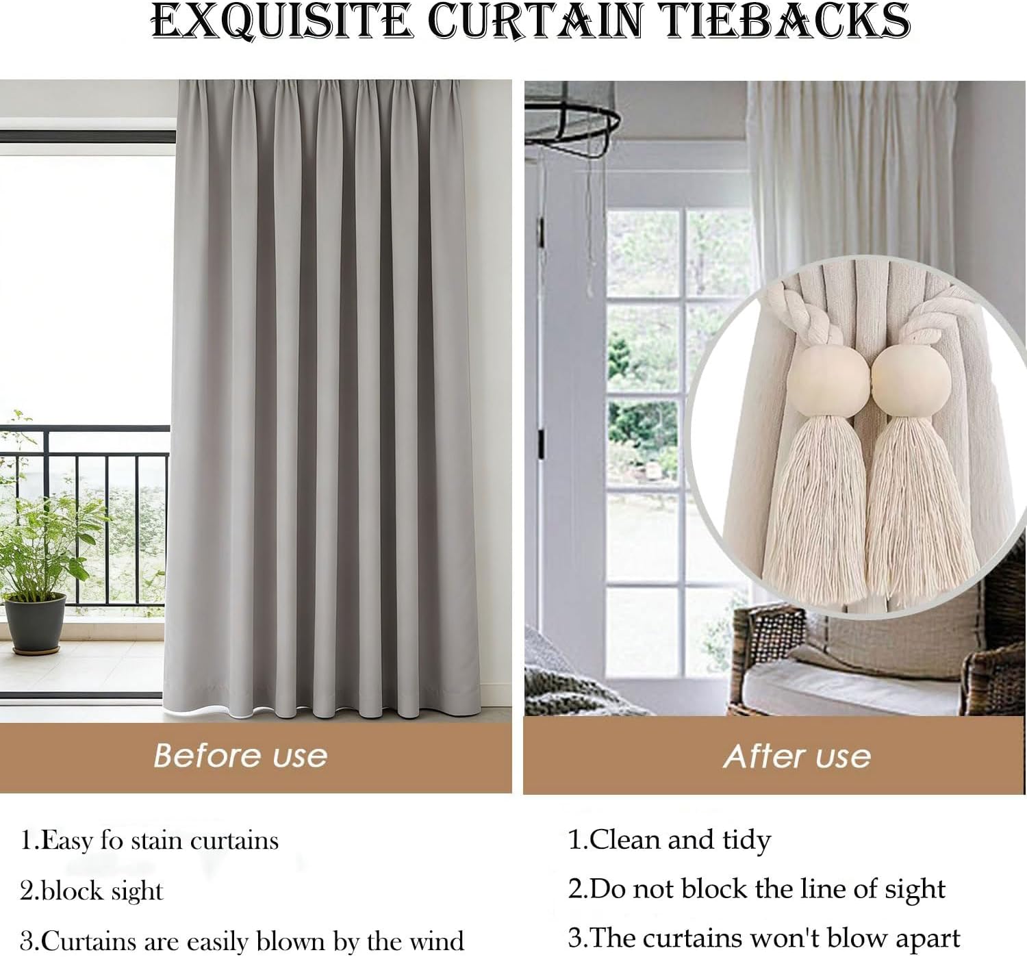 2Pcs Magnetic Curtain Tiebacks, Handmade Wooden Bead Tassel Curtain Tie Backs, Simple Tiebacks Wall Decoration for Bedroom Window Treatment, Beige