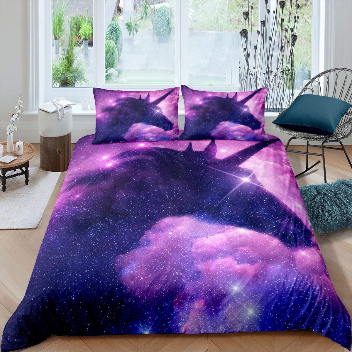 Loussiesd Galaxy Unicorn Bedding Set for Girls Kids Teens, Cute Cartoon Animal Comforter Cover Purple Psychedelic Space Pattern, Sparkly Unicorn Decor Duvet Cover Single Size, 2 Pcs, Ultra Soft