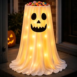 Halloween Ghost Candy Bowl with LED Lights, Adjustable Height Large Candy Holder for Trick or Treat, Light Up Ghost Halloween Decoration for Porch, Indoor Outdoor Candy Bowl Stand