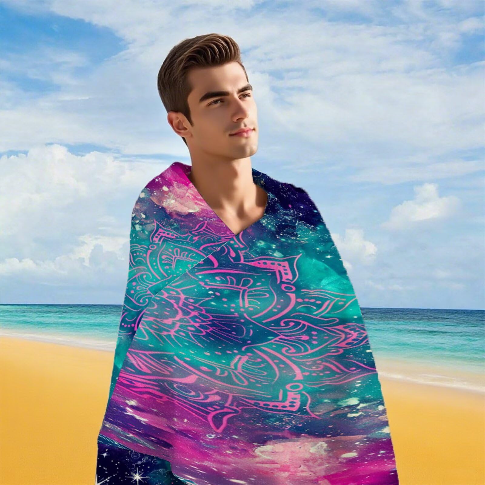 Ręcznik plażowy z mikrofibry 220 x 100 cm duży fioletowy ręcznik kąpielowy mandala mata plażowa anty piasek, ręczniki sportowe, szybkoschnące, kompaktowe i lekkie, do sportu, podróży, sauny, basenu Y1