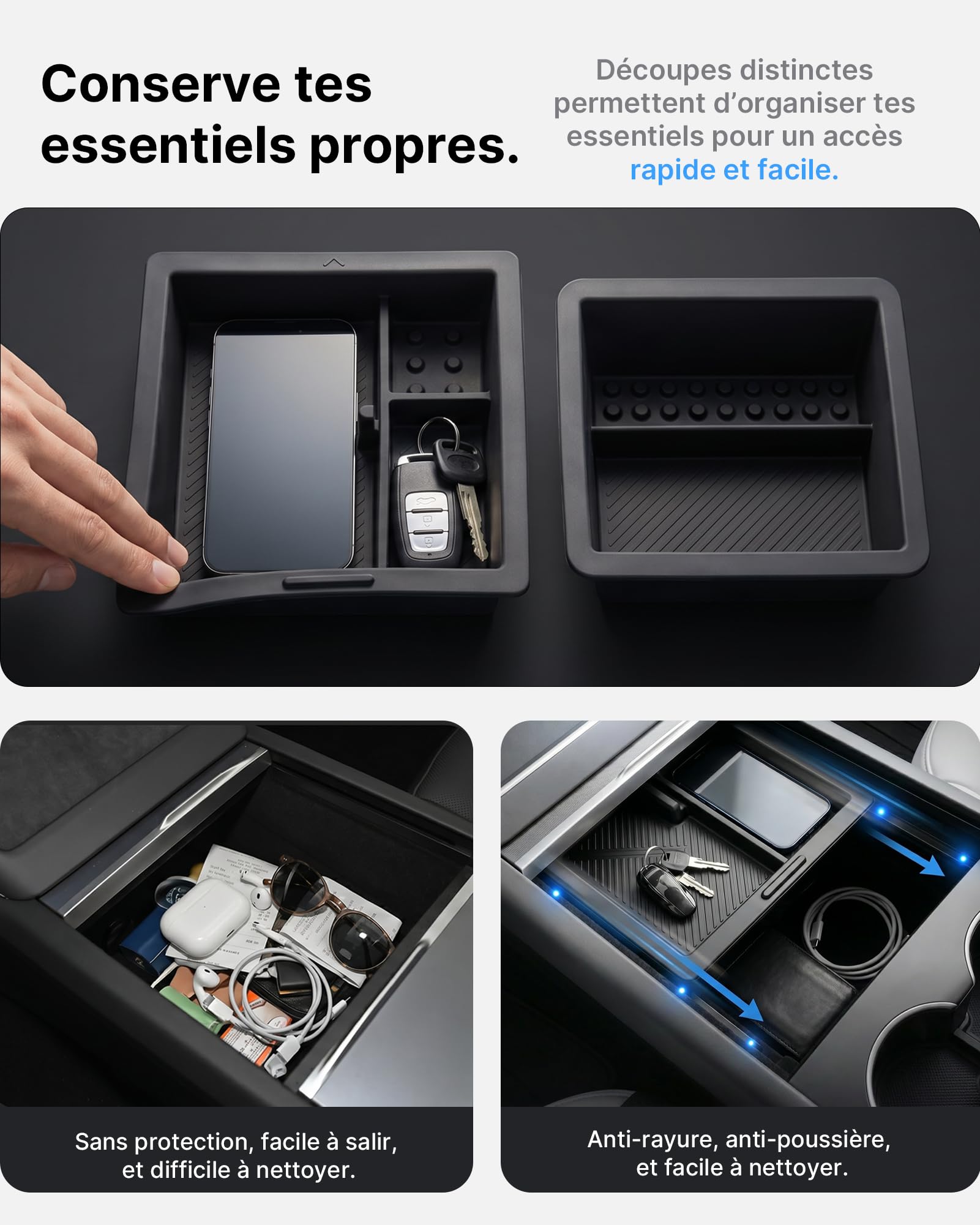 4 Plateaux Organisateurs Console Centrale pour Tesla Model 3 Highland 2024-2026 & Model y Juniper 2025-2026 (Premium/Performance), Boîte Magnétique Cachée Antidérapant Sans Outils