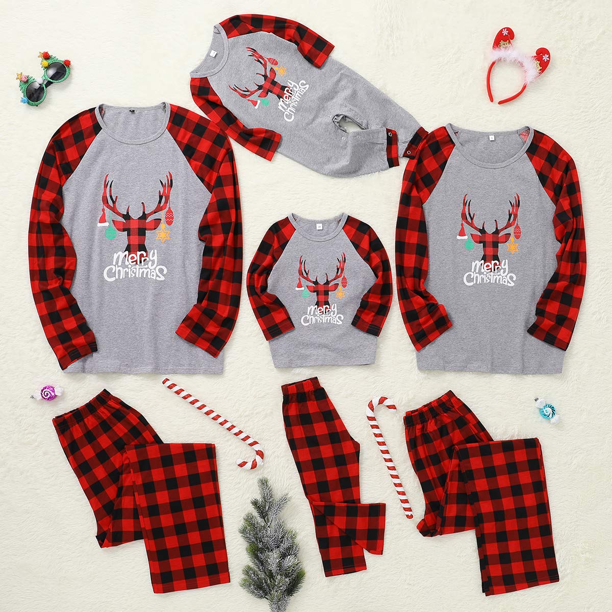 SANMIO Pijamas Familiares de Navidad, Algodón Top de Manga Larga + Raya Pantalones Pijama Dos Pieza Mujer Hombre Niños Niña Ropa de Dormir para Mameluco Alce de Navidad