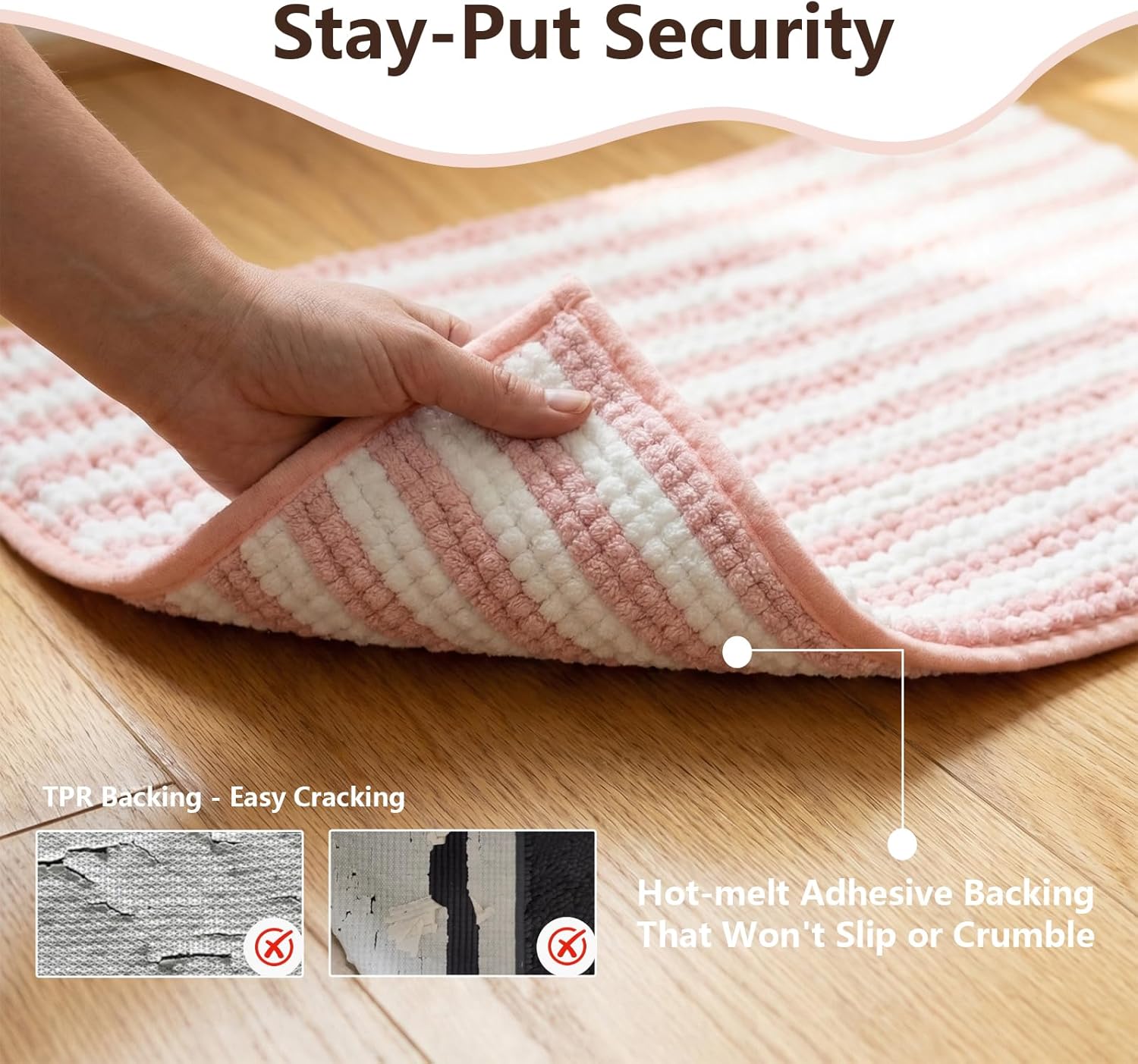 Chenille Bathroom Rug Non Slip Washable, Absorbent Bath Mat with Quick Dry Surface and Durable Hot Melt Adhesive Backing for Floor, Tub, Shower, Sink, Medium (18" x 30"), Pink and White Pinstripe