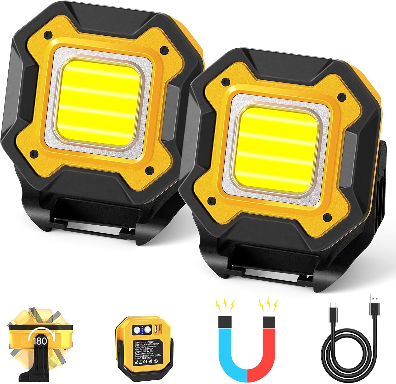 2-Pack Rechargeable Magnetic Work Light，1200 LM 4-16 Hours Long-Lasting Led Work Light,3000K-4500K-6500K COB Magnetic Spotlight with Waterproof,360°Rotating Stand and Hook