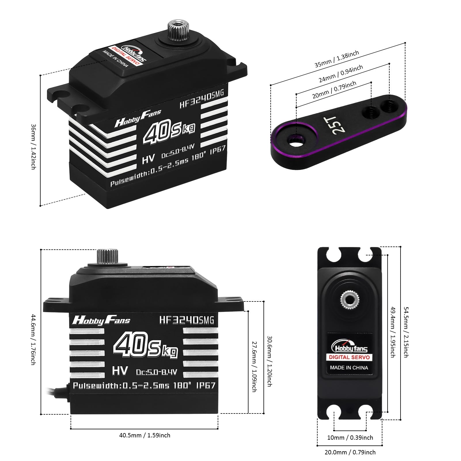 Servo digitale RC Servo 40 kg High Torque Servo All Waterproof Metal Gear Servo con 2 pz 25T Servo Horn per 1/12 1/10 1/8 RC Car RC Crawler Robot Boot, Nero