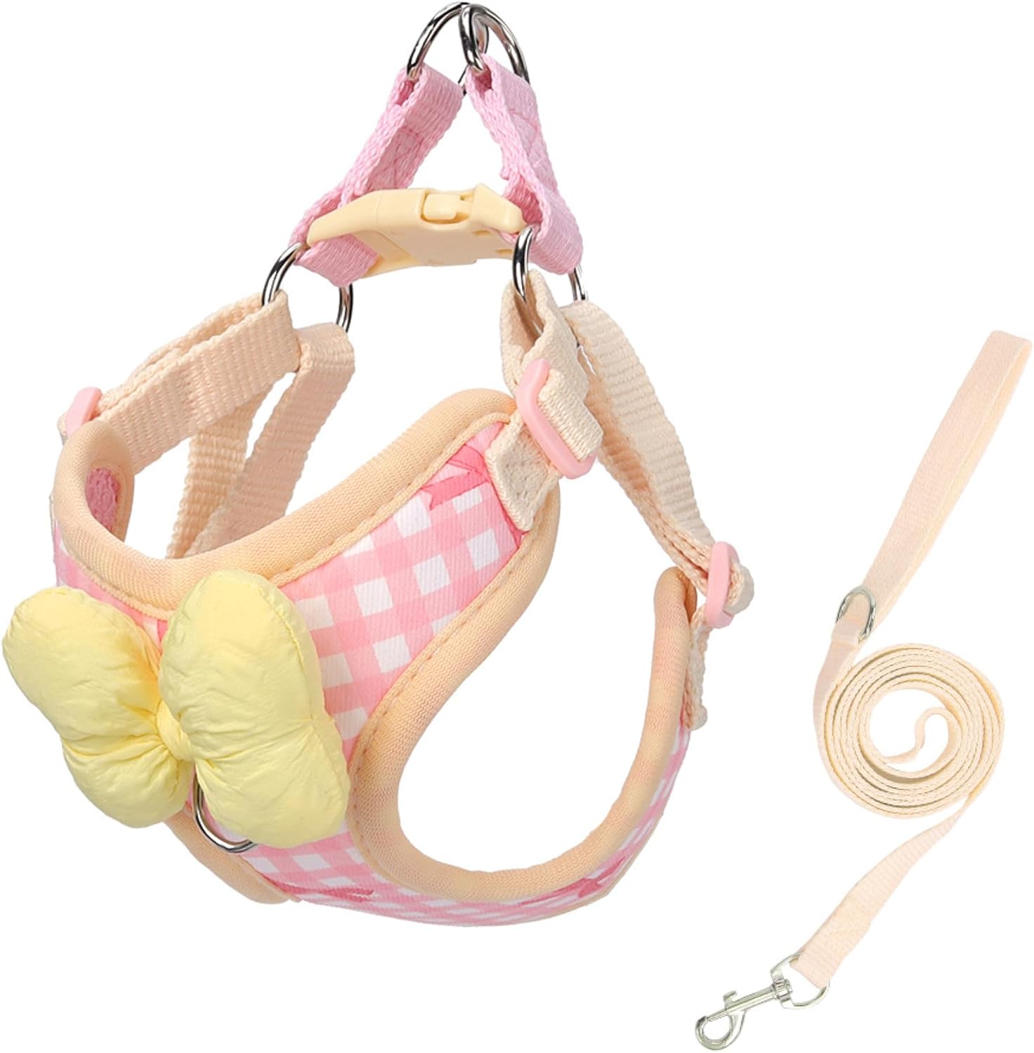 Dog Harness and Leash Set Gingham Bow Puppy Vest Harness, Adjustable Soft Padded Pet Harness Small Dogs, Puppies, Cats and Kittens (Pink,Large)