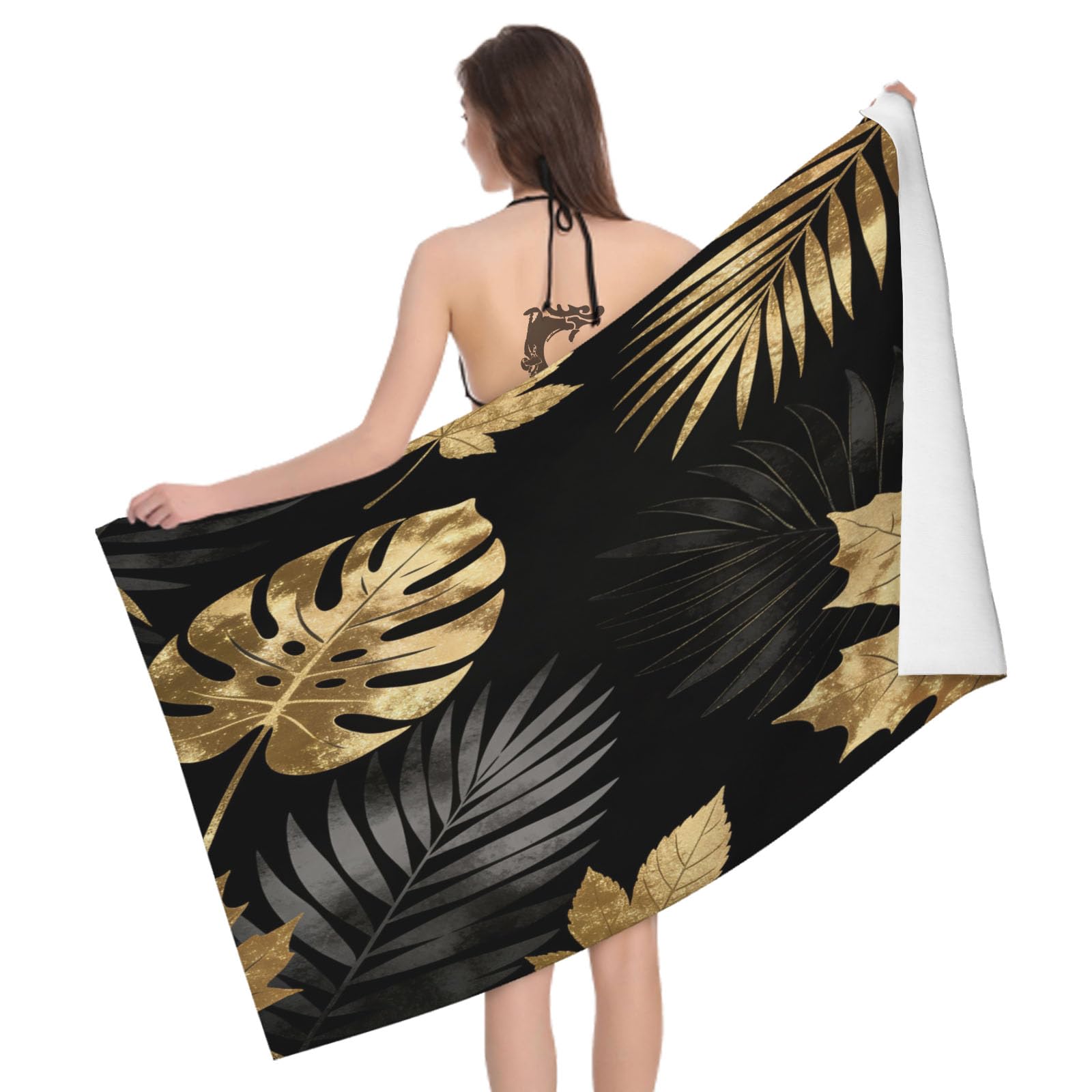 Leichong 3D Tropical Leaf Beach Towel Microfiber Soft Quick Dry for Adults, Golden Leaves Bath Towel Lightweight Soft Absorbent for Travel Swimming Pool Sports, 75 x 150 cm