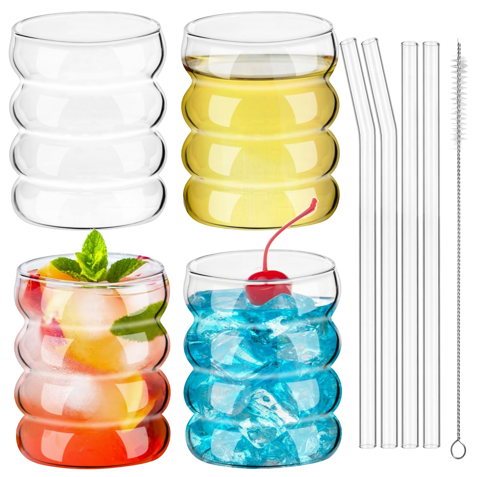 4 Pezzi Set Bicchieri Acqua Vetro con 4 Coperchio,4 Cannuccia,1