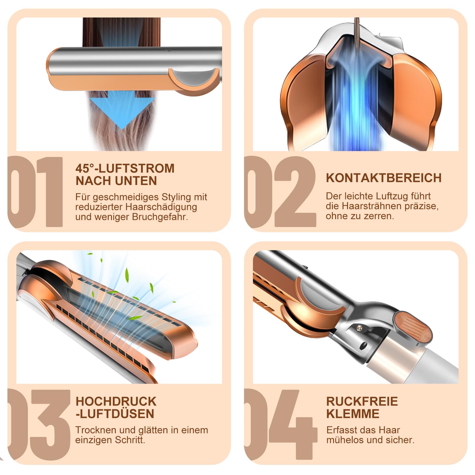 Glätteraufsätze für Dyson Airwrap, Haarglätter-Aufsatz mit HS01/HS05/HS08,dyson airwrap aufsätze mit Airflow Technologie ohne heiße Platten für sanftes Haarstyling mit weniger Schäden. (Kupfer)