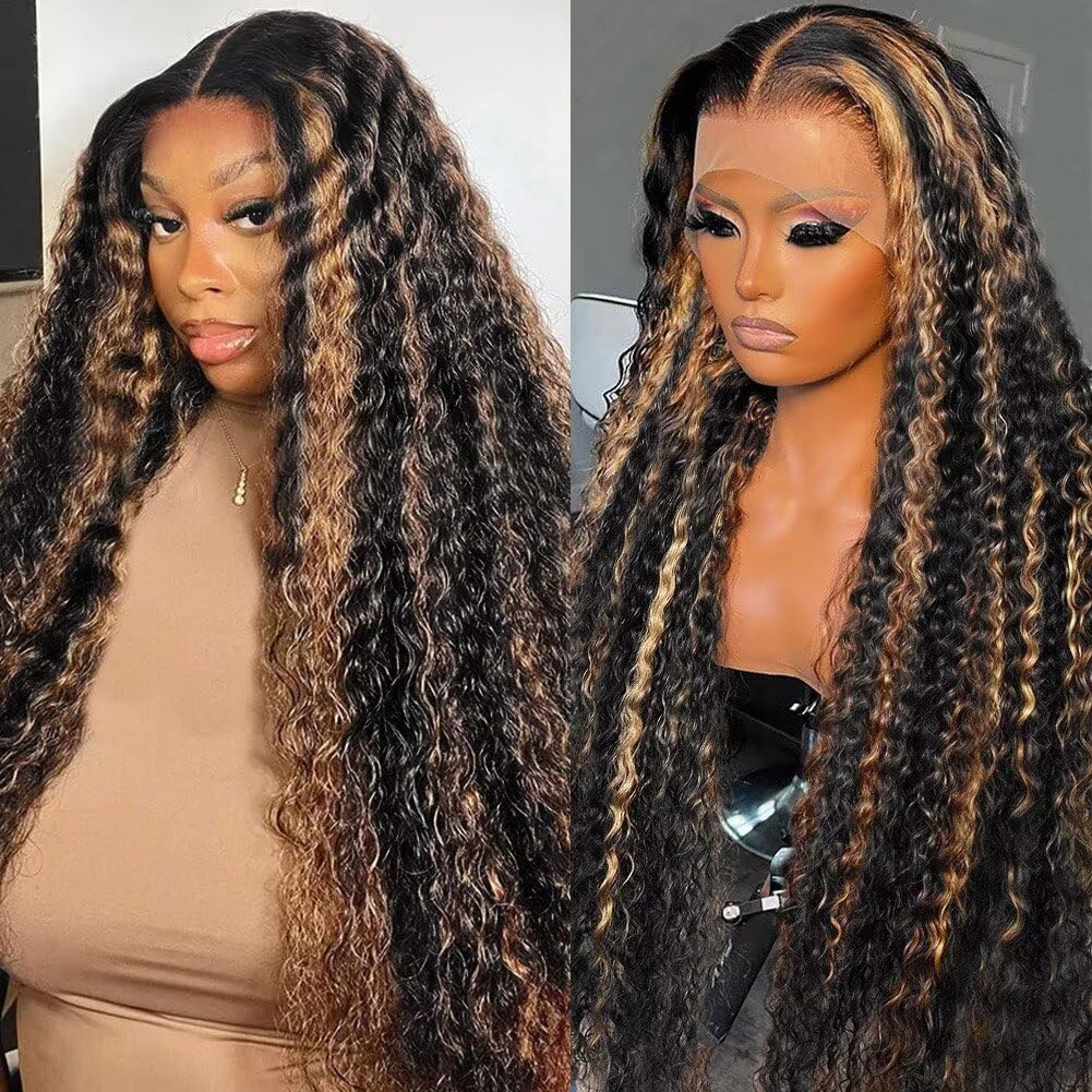 Highlight Deep Wave Lace Front Wigs Human Hair 30 Inch 13x6 HD Transparent Lace Front Wigs 200 Density 1/27 Glueless Ombre Honey Blonde Curly Wig for