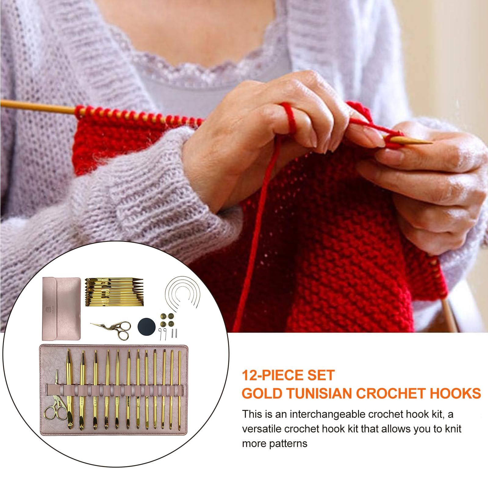 LetCart Juego de 12 agujas de ganchillo tunecinas con funda de poliuretano rosa, agujas de crochet de aluminio cromado para tejer alfombras con tijeras y accesorios