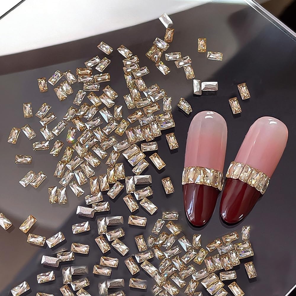 100pcs Champagne Gold Zircon Nail Rhinestones 1.5x3mm Rectangular Zircon Mini Rhinestones for Nails 3D Nail Art Charms Luxury Rinestones Set Glass Gems for Crafting French Nails Charms Rhinestone Kit image 5